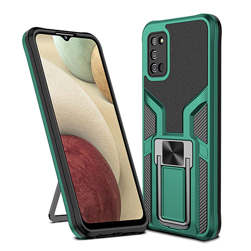 Silicone Matte Finish and Plastic Back Cover Case with Magnetic Finger Ring Stand ZL1 for Samsung Galaxy A02s Green