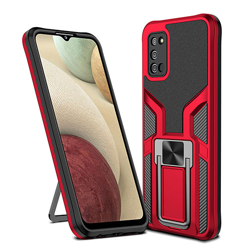 Silicone Matte Finish and Plastic Back Cover Case with Magnetic Finger Ring Stand ZL1 for Samsung Galaxy A02s Red