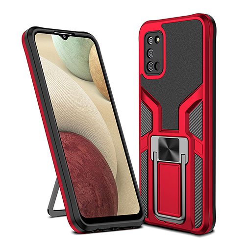 Silicone Matte Finish and Plastic Back Cover Case with Magnetic Finger Ring Stand ZL1 for Samsung Galaxy A03s Red