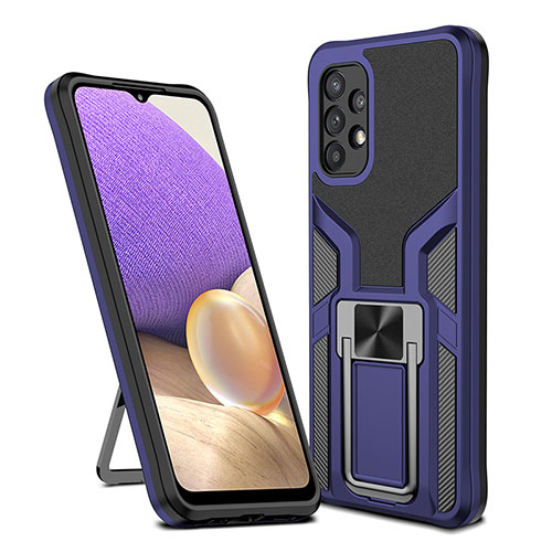 Silicone Matte Finish and Plastic Back Cover Case with Magnetic Finger Ring Stand ZL1 for Samsung Galaxy A32 4G Blue