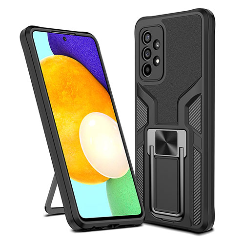 Silicone Matte Finish and Plastic Back Cover Case with Magnetic Finger Ring Stand ZL1 for Samsung Galaxy A52 4G Black