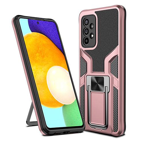 Silicone Matte Finish and Plastic Back Cover Case with Magnetic Finger Ring Stand ZL1 for Samsung Galaxy A52s 5G Rose Gold