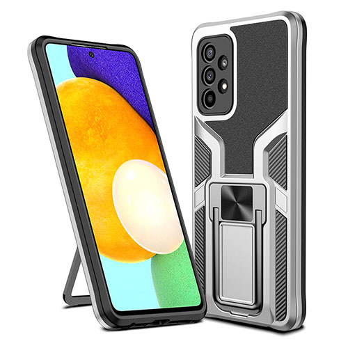 Silicone Matte Finish and Plastic Back Cover Case with Magnetic Finger Ring Stand ZL1 for Samsung Galaxy A52s 5G Silver