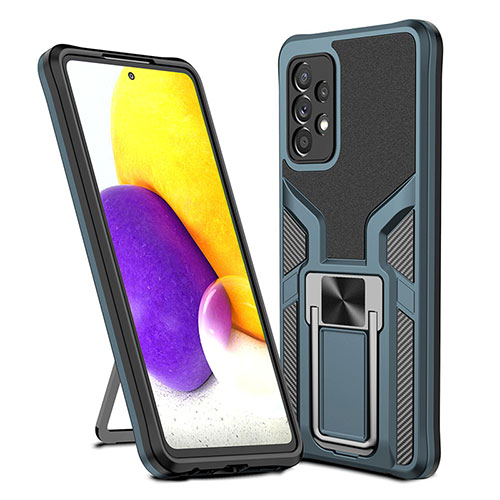 Silicone Matte Finish and Plastic Back Cover Case with Magnetic Finger Ring Stand ZL1 for Samsung Galaxy A72 4G Cyan