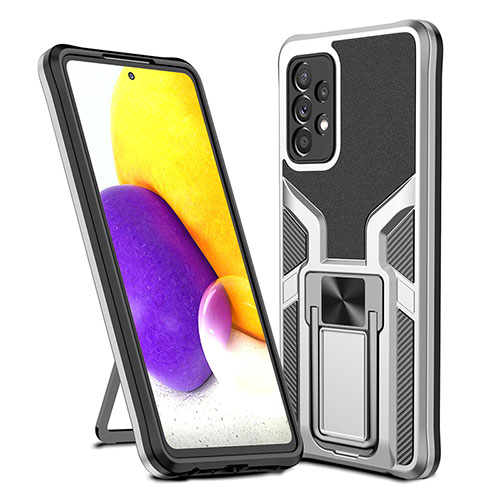 Silicone Matte Finish and Plastic Back Cover Case with Magnetic Finger Ring Stand ZL1 for Samsung Galaxy A72 4G Silver