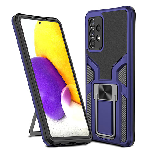 Silicone Matte Finish and Plastic Back Cover Case with Magnetic Finger Ring Stand ZL1 for Samsung Galaxy A72 5G Blue