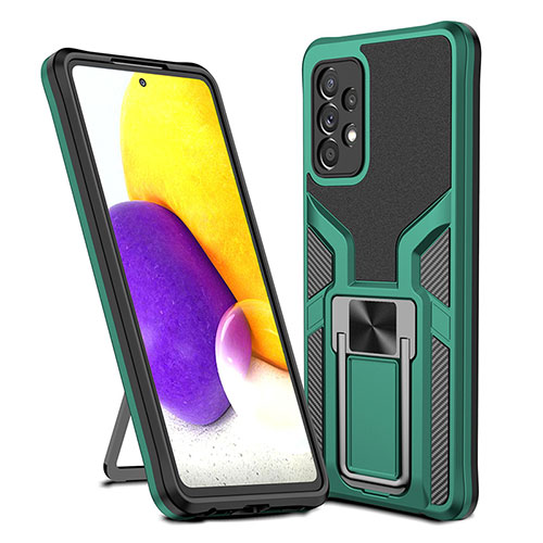 Silicone Matte Finish and Plastic Back Cover Case with Magnetic Finger Ring Stand ZL1 for Samsung Galaxy A72 5G Green
