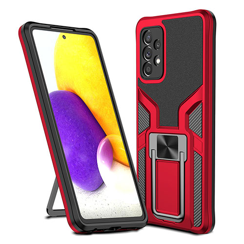 Silicone Matte Finish and Plastic Back Cover Case with Magnetic Finger Ring Stand ZL1 for Samsung Galaxy A72 5G Red