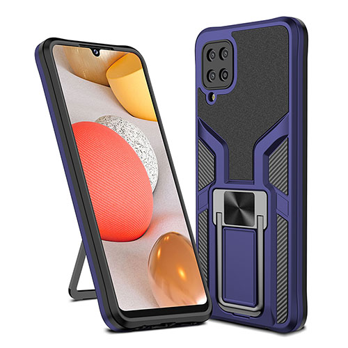 Silicone Matte Finish and Plastic Back Cover Case with Magnetic Finger Ring Stand ZL1 for Samsung Galaxy M12 Blue