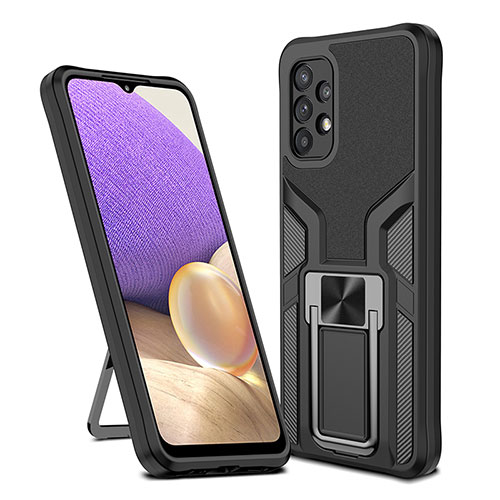 Silicone Matte Finish and Plastic Back Cover Case with Magnetic Finger Ring Stand ZL1 for Samsung Galaxy M32 5G Black