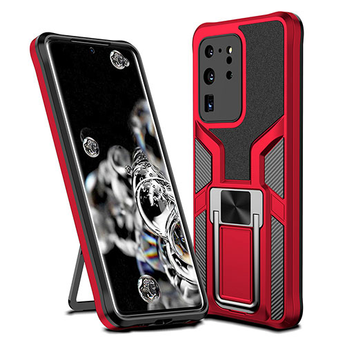 Silicone Matte Finish and Plastic Back Cover Case with Magnetic Finger Ring Stand ZL1 for Samsung Galaxy S20 Ultra 5G Red