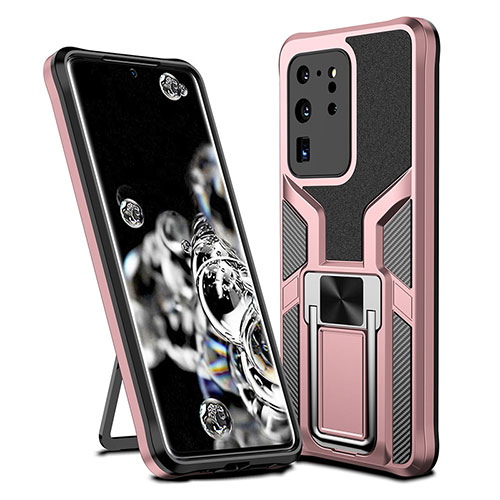 Silicone Matte Finish and Plastic Back Cover Case with Magnetic Finger Ring Stand ZL1 for Samsung Galaxy S20 Ultra Rose Gold