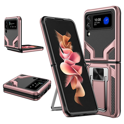 Silicone Matte Finish and Plastic Back Cover Case with Magnetic Finger Ring Stand ZL1 for Samsung Galaxy Z Flip3 5G Rose Gold