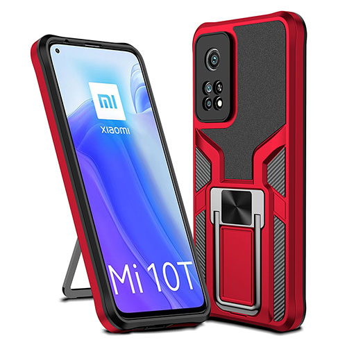 Silicone Matte Finish and Plastic Back Cover Case with Magnetic Finger Ring Stand ZL1 for Xiaomi Mi 10T Pro 5G Red