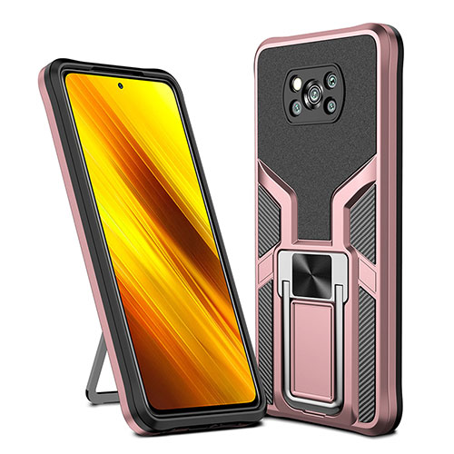 Silicone Matte Finish and Plastic Back Cover Case with Magnetic Finger Ring Stand ZL1 for Xiaomi Poco X3 Rose Gold