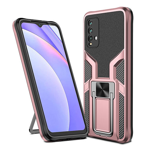 Silicone Matte Finish and Plastic Back Cover Case with Magnetic Finger Ring Stand ZL1 for Xiaomi Redmi 9 Power Rose Gold