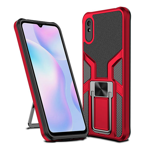 Silicone Matte Finish and Plastic Back Cover Case with Magnetic Finger Ring Stand ZL1 for Xiaomi Redmi 9i Red