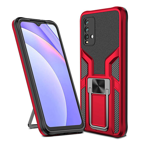 Silicone Matte Finish and Plastic Back Cover Case with Magnetic Finger Ring Stand ZL1 for Xiaomi Redmi 9T 4G Red