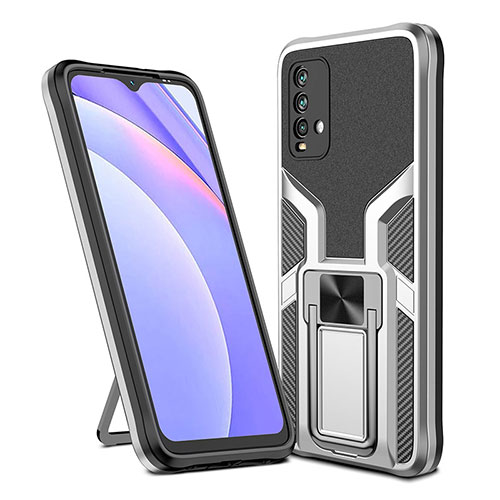 Silicone Matte Finish and Plastic Back Cover Case with Magnetic Finger Ring Stand ZL1 for Xiaomi Redmi 9T 4G Silver
