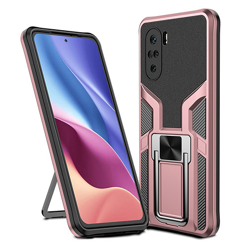 Silicone Matte Finish and Plastic Back Cover Case with Magnetic Finger Ring Stand ZL1 for Xiaomi Redmi K40 Pro 5G Rose Gold