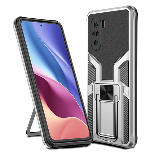 Silicone Matte Finish and Plastic Back Cover Case with Magnetic Finger Ring Stand ZL1 for Xiaomi Redmi K40 Pro 5G Silver