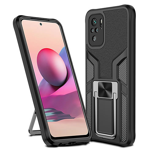 Silicone Matte Finish and Plastic Back Cover Case with Magnetic Finger Ring Stand ZL1 for Xiaomi Redmi Note 10 4G Black