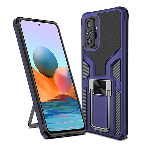 Silicone Matte Finish and Plastic Back Cover Case with Magnetic Finger Ring Stand ZL1 for Xiaomi Redmi Note 10 Pro 4G Blue