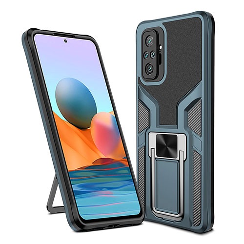 Silicone Matte Finish and Plastic Back Cover Case with Magnetic Finger Ring Stand ZL1 for Xiaomi Redmi Note 10 Pro 4G Cyan