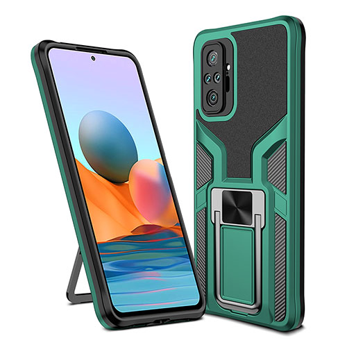Silicone Matte Finish and Plastic Back Cover Case with Magnetic Finger Ring Stand ZL1 for Xiaomi Redmi Note 10 Pro 4G Green