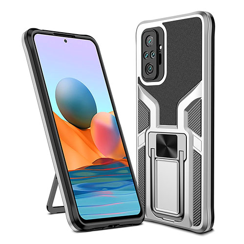 Silicone Matte Finish and Plastic Back Cover Case with Magnetic Finger Ring Stand ZL1 for Xiaomi Redmi Note 10 Pro 4G Silver