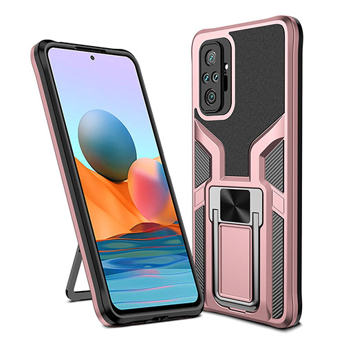 Silicone Matte Finish and Plastic Back Cover Case with Magnetic Finger Ring Stand ZL1 for Xiaomi Redmi Note 10 Pro Max Rose Gold