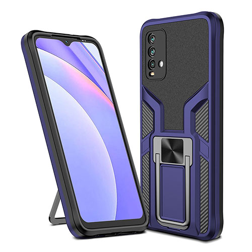 Silicone Matte Finish and Plastic Back Cover Case with Magnetic Finger Ring Stand ZL1 for Xiaomi Redmi Note 9 4G Blue