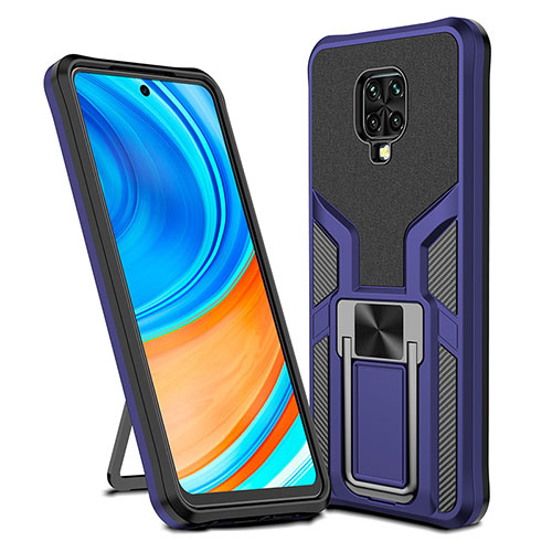 Silicone Matte Finish and Plastic Back Cover Case with Magnetic Finger Ring Stand ZL1 for Xiaomi Redmi Note 9 Pro Blue