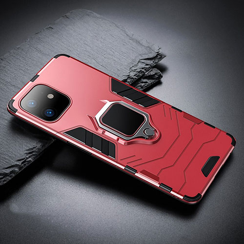 Silicone Matte Finish and Plastic Back Cover Case with Magnetic Stand A01 for Apple iPhone 11 Red