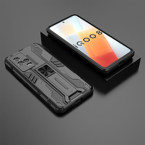 Silicone Matte Finish and Plastic Back Cover Case with Magnetic Stand A01 for Vivo iQOO 8 5G Black