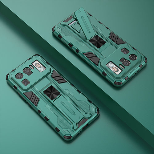 Silicone Matte Finish and Plastic Back Cover Case with Magnetic Stand A01 for Xiaomi Mi 11 Ultra 5G Green