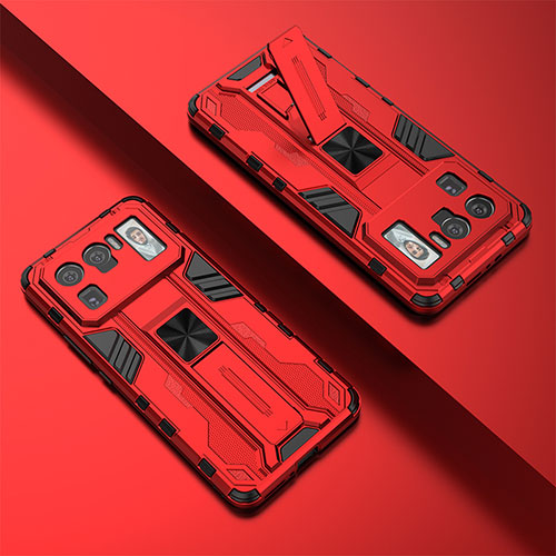 Silicone Matte Finish and Plastic Back Cover Case with Magnetic Stand A01 for Xiaomi Mi 11 Ultra 5G Red