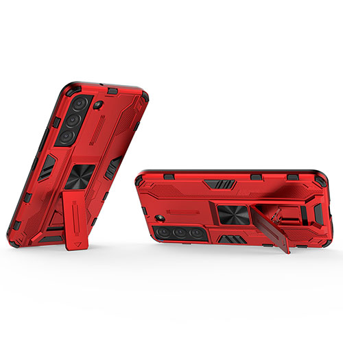 Silicone Matte Finish and Plastic Back Cover Case with Magnetic Stand A02 for Samsung Galaxy S21 5G Red