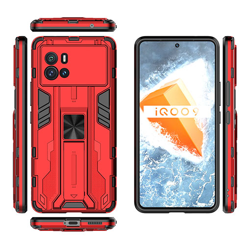 Silicone Matte Finish and Plastic Back Cover Case with Magnetic Stand A03 for Vivo iQOO 9 Pro 5G Red