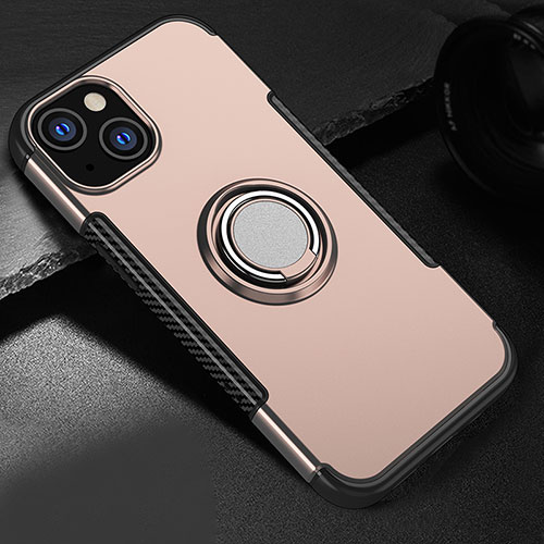 Silicone Matte Finish and Plastic Back Cover Case with Magnetic Stand A08 for Apple iPhone 13 Mini Rose Gold
