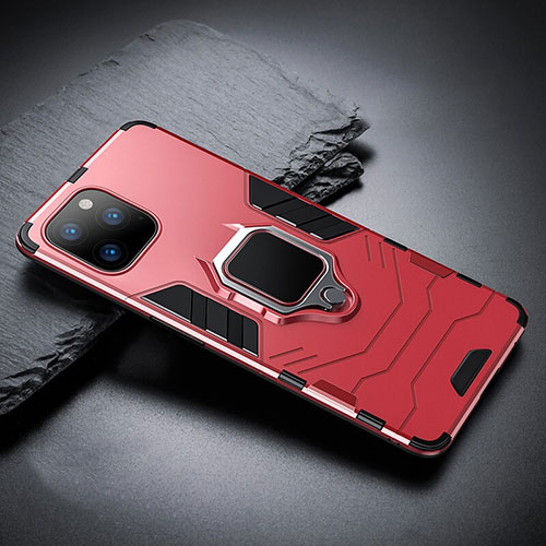 Silicone Matte Finish and Plastic Back Cover Case with Magnetic Stand for Apple iPhone 11 Pro Red