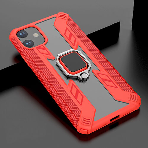 Silicone Matte Finish and Plastic Back Cover Case with Magnetic Stand for Apple iPhone 11 Red