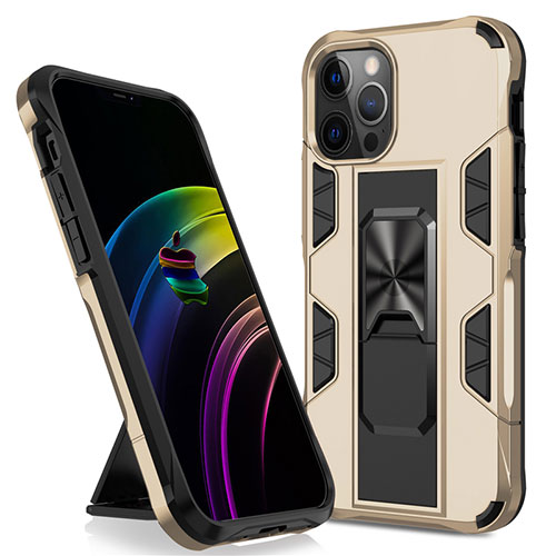 Silicone Matte Finish and Plastic Back Cover Case with Magnetic Stand for Apple iPhone 12 Pro Gold