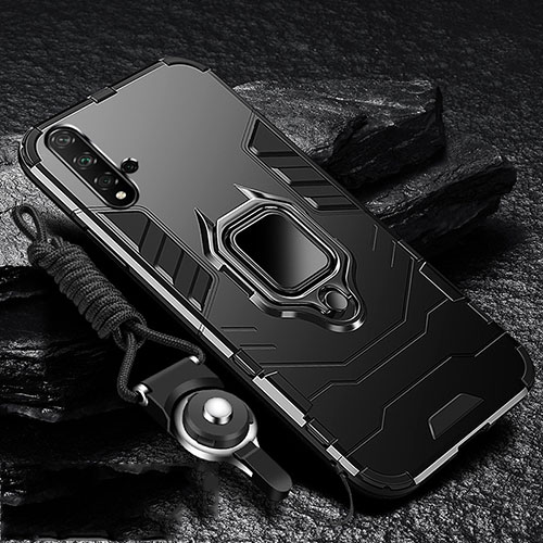 Silicone Matte Finish and Plastic Back Cover Case with Magnetic Stand for Huawei Nova 5 Pro Black