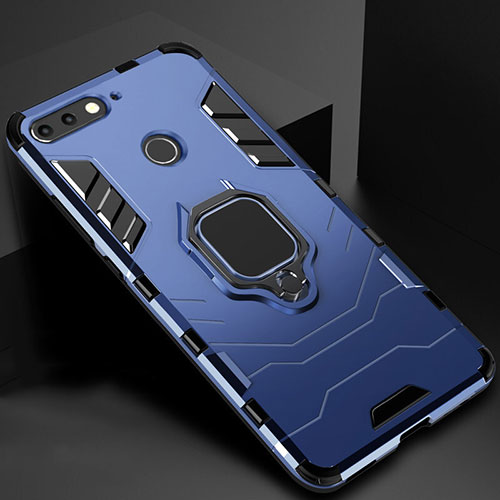 Silicone Matte Finish and Plastic Back Cover Case with Magnetic Stand for Huawei Y6 Prime (2018) Blue