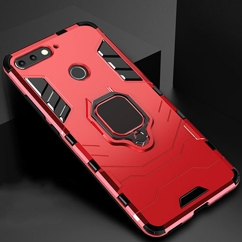 Silicone Matte Finish and Plastic Back Cover Case with Magnetic Stand for Huawei Y6 Prime (2018) Red