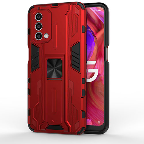 Silicone Matte Finish and Plastic Back Cover Case with Magnetic Stand for Oppo A74 5G Red