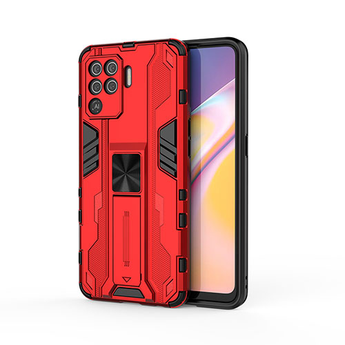 Silicone Matte Finish and Plastic Back Cover Case with Magnetic Stand for Oppo A94 4G Red