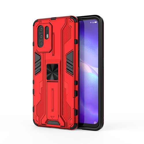 Silicone Matte Finish and Plastic Back Cover Case with Magnetic Stand for Oppo A94 5G Red