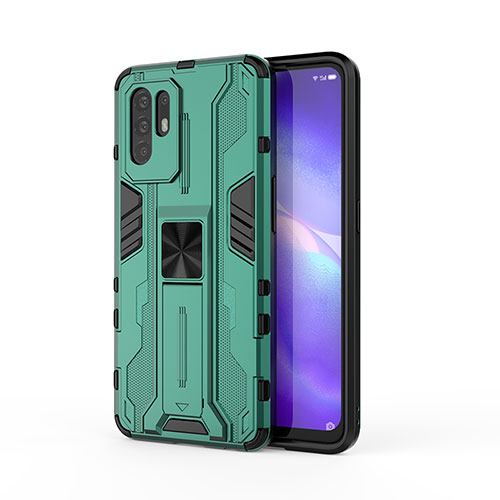 Silicone Matte Finish and Plastic Back Cover Case with Magnetic Stand for Oppo F19 Pro+ Plus 5G Green